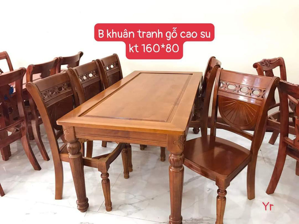 Bàn ăn gỗ cao su 80×1m6 và 6 ghế